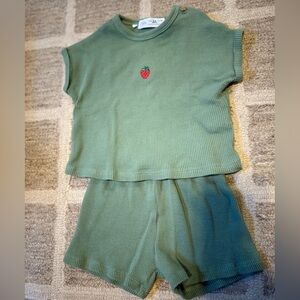 Zara Olive green waffle Top with strawberry embroidery and matching shorts.